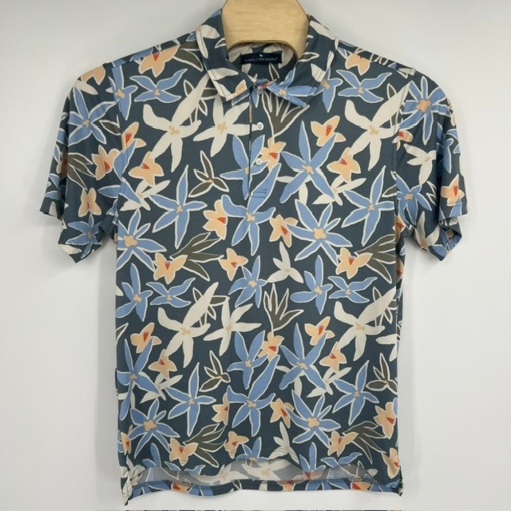 Simply Southern Mens L Floral Blue Teal Orange Short Sleeve Stretch Polo Shirt